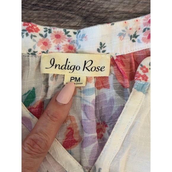 Indigo Rose Floral Blouse Petite Medium Boho Peasant Top Cottagecore Shabby Chic - Picture 4 of 5
